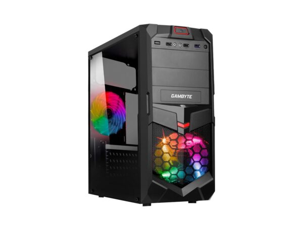 CASE GAMBYTE TRECIO FUENTE 600W, CON PANEL ACRILICO RAINBORW, 2 VENTILADORES LED RGB, 3 PUERTOS USB, SALIDA DE AUDIO, COLOR NEGRO (GI-TRECIO)