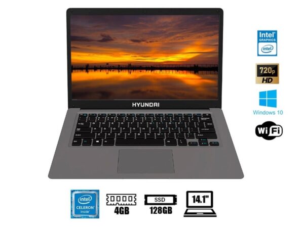 LAPTOP HYUNDAI CELERON N4020 HYBOOK, PANTALLA 14.1 PULGADAS IPS HD, RAM 4GB, DISCO SOLIDO SSD 128GB, WINDOWS 10 PRO, 8GEN