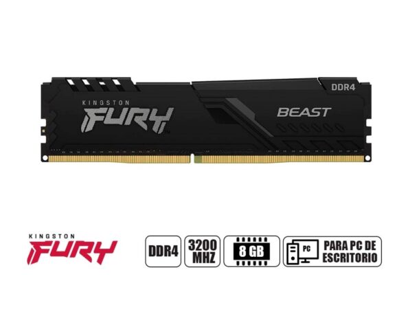 MEMORIA RAM KINGSTON DDR4 8GB, FRECUENCIA 3200 MHZ, FURY BEAST NEGRO, CL16 COMPATIBLE PARA AMD E INTEL, PARA PC DE ESCRITORIO