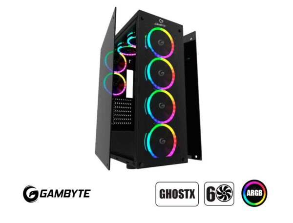 CASE GAMBYTE GHOSTX SIN FUENTE, CON PANEL LATERAL Y FRONTAL DE VIDRIO TEMPLADO, 6 VENTILADORES LED ARGB, 4 PUERTOS USB, COLOR NEGRO (GI-GHOSTX-AI )