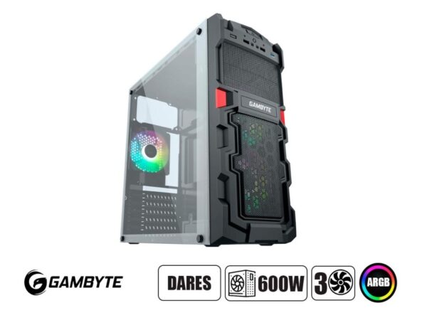 CASE GAMBYTE DARES FUENTE 600W, CON PANEL ACRILICO, 3 VENTILADORES LED RAINBOW, 3 PUERTOS USB, SALIDA DE AUDIO, COLOR NEGRO(GI-DARES)