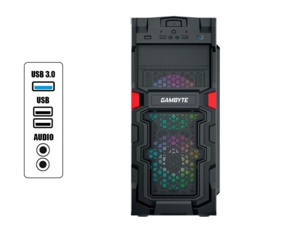 CASE GAMBYTE DARES FUENTE 600W, CON PANEL ACRILICO, 3 VENTILADORES LED RAINBOW, 3 PUERTOS USB, SALIDA DE AUDIO, COLOR NEGRO(GI-DARES) - Imagen 3