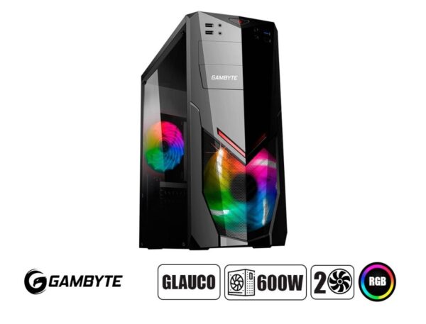 CASE GAMBYTE GLAUCO FUENTE 600W, CON PANEL ACRILICO RAINBOW, 2 VENTILADORES, LED RGB, 4 PUERTOS USB, SALIDA DE AUDIO, COLOR NEGRO (GI-GLAUCO)