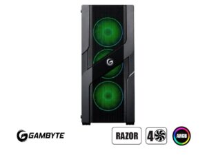 CASE GAMBYTE RAZOR SIN FUENTE, CON PANEL LATERAL DE VIDRIO TEMPLADO, 4 VENTILADORES LED ARGB, 4 PUERTOS USB, COLOR NEGRO