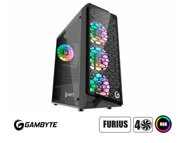 CASE GAMBYTE FURIUS SIN FUENTE, CON PANEL LATERAL DE VIDRIO TEMPLADO, 4VENTILADORES LED ARGB, 3 PUERTOS USB, SALIDA DE AUDIO, COLOR NEGRO ( FIRIUS)