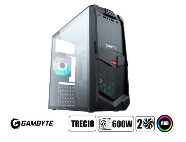 CASE GAMBYTE TRECIO FUENTE 600W, CON PANEL ACRILICO RAINBORW, 2 VENTILADORES LED RGB, 3 PUERTOS USB, SALIDA DE AUDIO, COLOR NEGRO (GI-TRECIO) - Imagen 2