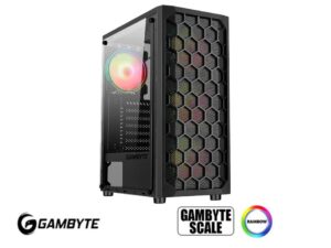 CASE GAMBYTE SCALE SIN FUENTE, CON PANEL VIDRIO, 4 VENTILADORES LED RAINBOW, 1 TIPO C+ 2 X USB, SALIDA DE AUDIO, COLOR NEGRO KNIGHT (CS-SCA4RBWKG-LG)