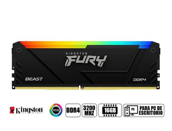 MEMORIA RAM KINGSTON DDR4 16GB, FRECUENCIA 3200 MHZ, FURY BEAST RGB 2, NEGRO, PARA PC DE ESCRITORIO