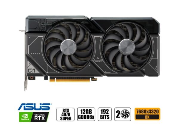 TARJETA DE VIDEO ASUS RTX 4070 SUPER 12GB OC GDDR6X DUAL GAMING GEFORCE NVIDIA 192 BITS, GRAFICO PARA VIDEOJUEGOS, 2 VENTILADORES