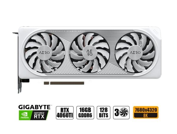 TARJETA DE VIDEO GIGABYTE RTX 4060 TI 16GB AERO OC, BLANCO GDDR6 GEFORCE NVIDIA 128 BITS, GRAFICO PARA VIDEOJUEGOS, 3 VENTILADORES