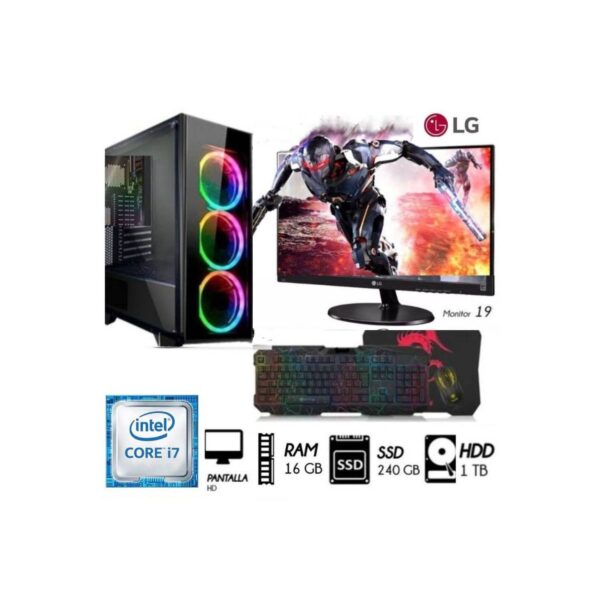 Computadora Pc Intel Core i7 Monitor 19 Ram 16GB Disco 1TB+SSD 240GB CASE GAMER