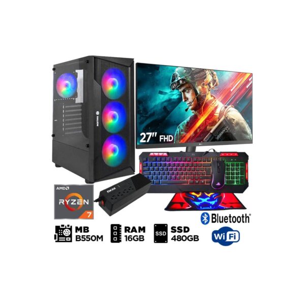 Computadora PC GAMER RYZEN 7 5700G 16GB 480GB Monitor 27" Full HD WIFI BLUETOOTH