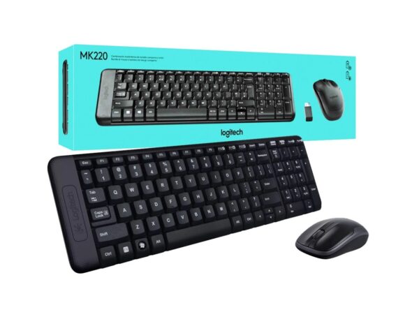 COMBO 2 EN UNO LOGITECH INALAMBRICO MK220, TECLADO CONCAVAS, RESISTENTE, MOUSE 3 BOTONES SENSOR HASTA1000 DPI