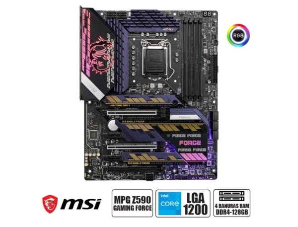 PLACA MADRE MSI MPG Z590 GAMING FORCE, PARA PROCESADORES INTEL LGA 1200, 4 RANURAS DE MEMORIA DDR4 DE 128GB BUSS 2133 MHZ,10 Y 11VA GEN (911-7D06-023)