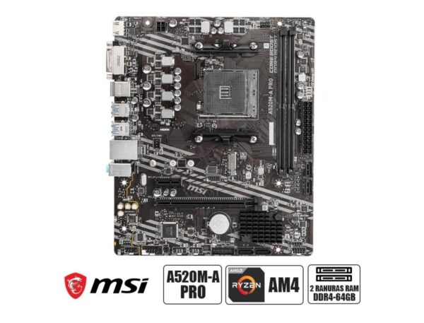 PLACA MADRE MSI A520M-A PRO, PARA PROCESADORES AMD RYZEN AM4, 2 RANURAS DE MEMORIA DDR4 HASTA 64GB BUSS 4600 MHZ, G4000 5000 (911-7C96-031)