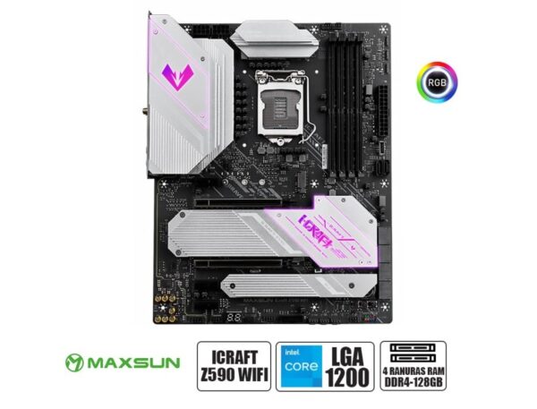 PLACA MADRE MAXSUN ICRAFT Z590 WIFI, PARA PROCESADORES INTEL LGA 1200, 4 RANURAS DE MEMORIA DDR4 HASTA 128GB BUSS 3200 MHZ,11VA G(MS-ICRAFT Z590 WIFI)