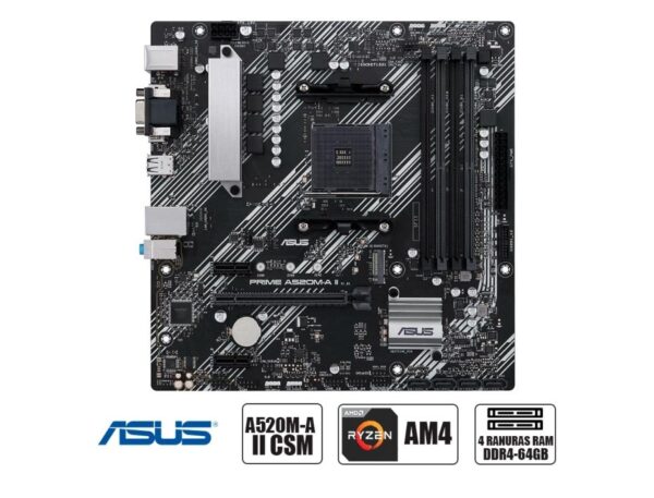 PLACA MADRE ASUS PRIME A520M-A II CSM AM4 , PARA PROCESADORES AMD RYZEN AM4, 4 RANURAS DDR4 HASTA 128GB (90MB17H0-M0EAYC)