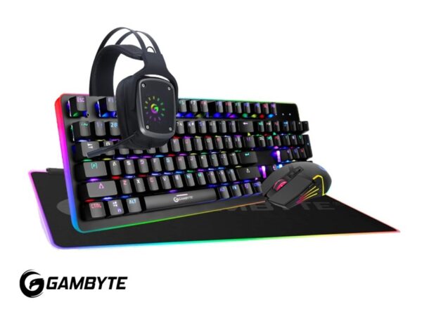 COMBO 4 EN UNO GAMBYTE BATTLECRUISER, TECLADO CON ILUMINACION RGB, MOUSE ILUMINACION RGB, AURICULAR NEGRO RGB, PAD MOUSE, USB