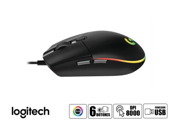 MOUSE LOGITECH G203 COLOR NEGRO LIGHTSYNC GAMING, SENSOR HASTA 8.000 DPI, ILUMINACIÓN RGB, CON 6 BOTONES PROGRAMABLES