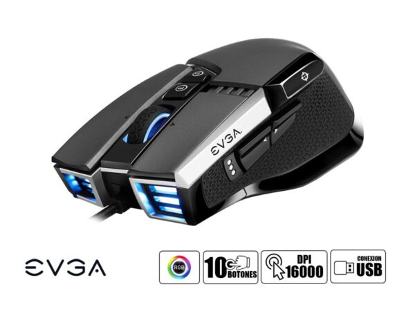 MOUSE EVGA X17 GAMING, SENSOR HASTA 16,000 DPI, ILUMINACION RGB, CON 10 BOTONES, CONEXION USB, COLOR GRIS