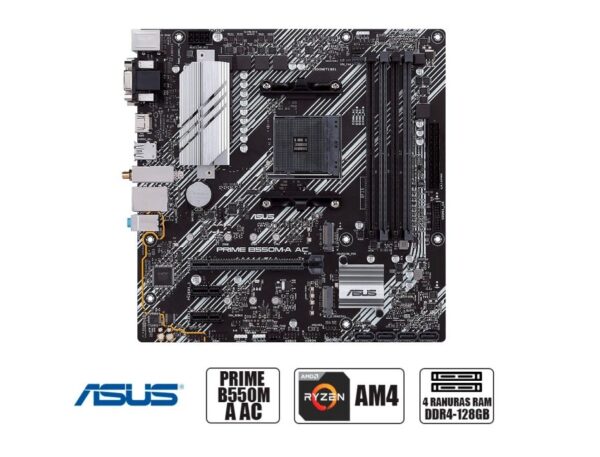 PLACA MADRE ASUS PRIME B550M-A AC, WIFI, PARA PROCESADORES AMD RYZEN AM4, 4 RANURAS DE MEMORIA DDR4 128GB BUSS 3200 (90MB15K0-M0EAY0)