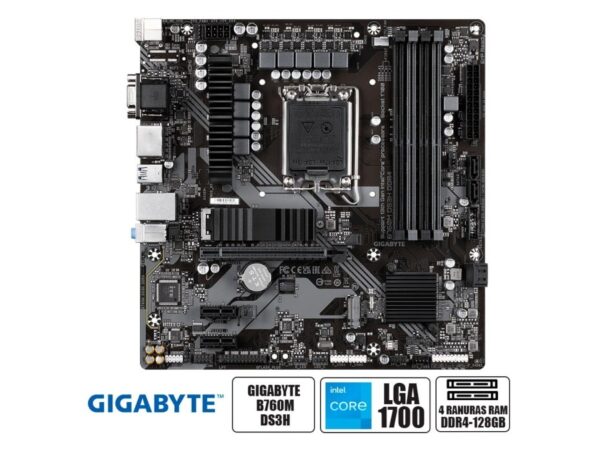 PLACA MADRE GIGABYTE B760M DS3H DDR4 PARA PROCESADORES INTEL LGA 1700, MEMORIA DDR4 DE 4GB HASTA 128GB BUSS 5333 MHZ (B760M DS3H DDR4)