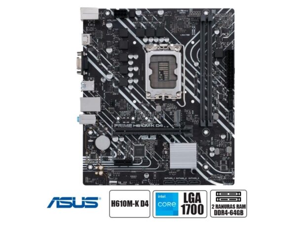 PLACA MADRE ASUS PRIME H610M-K D4, PARA PROCESADORES INTEL, 2 RANURAS DE MEMORIA DDR4 HASTA 64GB BUSS 3200 MHZ, 12VA Y 13VA GEN. (90MB1A10-M0EAY0)