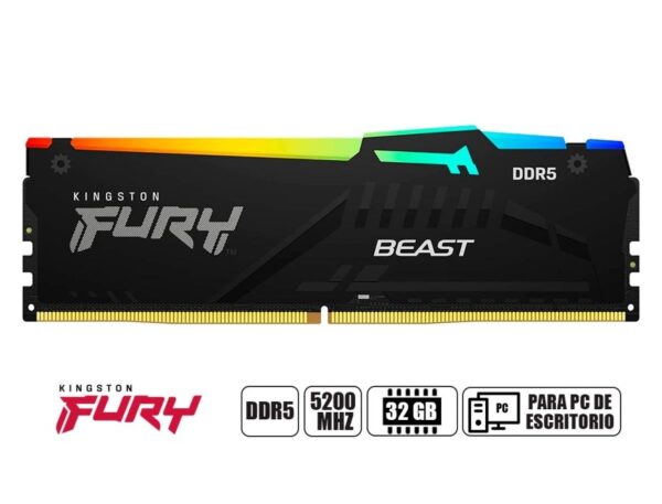 MEMORIA RAM KINGSTON DDR5 32GB, FRECUENCIA 5200 MHZ, FURY BEAST, RGB, NEGRO, PARA PC DE ESCRITORIO