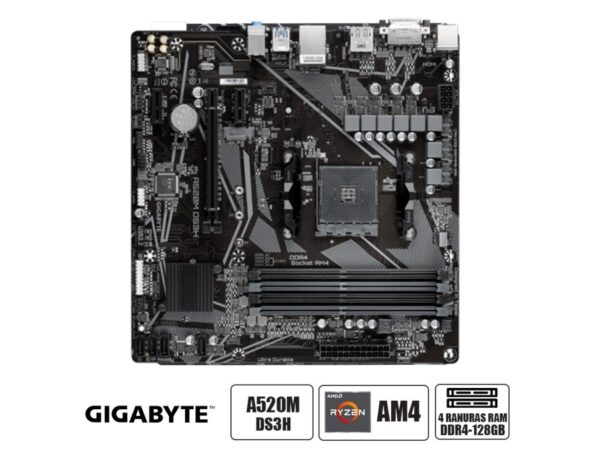 PLACA MADRE GIGABYTE A520M DS3H V2, PARA PROCESADORES AMD RYZEN AM4, 2 RANURAS DE MEMORIA DDR4 HASTA 64GB BUSS 4600 MHZ, G4000 5000 AM4 ( A520M DS3H V