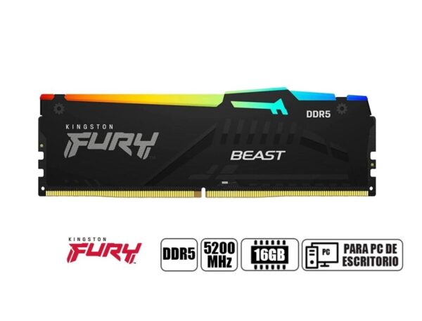 MEMORIA RAM KINGSTON DDR5 16GB, FRECUENCIA 5200 MHZ, FURY BEAST NEGRO CON ILUMINACION LED RGB, PARA PC DE ESCRITORIO