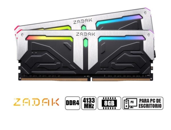 MEMORIA RAM ZADAK DDR4 16GB (2X8), FRECUENCIA 4133 MHZ, SPARK BLACK/GRIS RGB LED, PARA PC DE ESCRITORIO