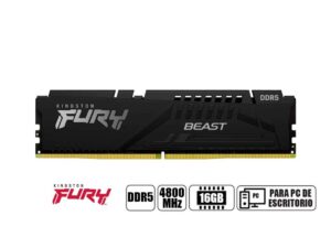 MEMORIA RAM KINGSTON DDR5 16GB, FRECUENCIA 4800 MHZ, FURY BEAST, NEGRO, PARA PC DE ESCRITORIO