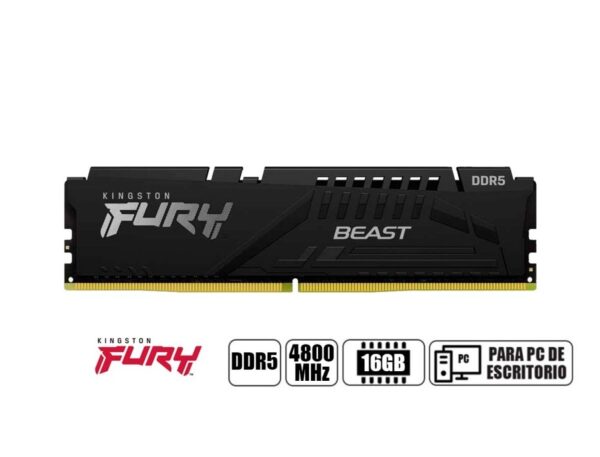 MEMORIA RAM KINGSTON DDR5 16GB, FRECUENCIA 4800 MHZ, FURY BEAST, NEGRO, PARA PC DE ESCRITORIO