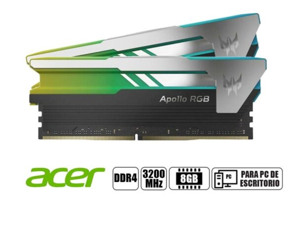 MEMORIA RAM PREDATOR APOLO DDR4 16GB (8GBX2), FRECUENCIA 3200 MHZ, BLACK CON ILUMINACION LED RGB, PARA PC DE ESCRITORIO