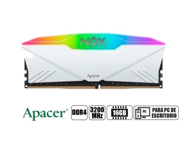 MEMORIA RAM APACER DDR4 8GB, FRECUENCIA 3200 MHZ, NOX BLANCO RGB LED, PARA PC DE ESCRITORIO