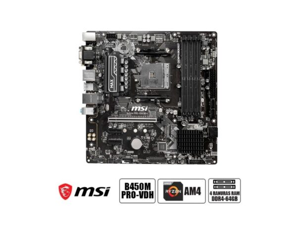 PLACA MADRE MSI B450M PRO-VDH MAX, PARA PROCESADORES AMD RYZEN AM4, 4 RANURAS DE MEMORIA DDR4 HASTA 128GB BUSS 3200 MHZ, G 4000,5000 (911-7A38-063)