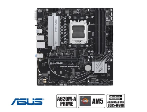 PLACA MADRE ASUS A620M-A PRIME, PARA PROCESADORES AMD RYZEN AM5, 4 RANURAS DE MEMORIA DDR5 HASTA 192GB BUSS 6400 ECC, G-700 (90MB1F10-M0AAYC)