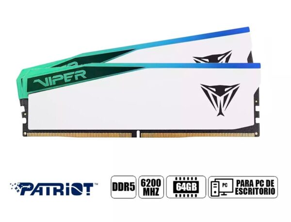 MEMORIA RAM PATRIOT DDR5 64GB (2X32GB), FRECUENCIA 6200 MHZ, VIPER VENOM, BLANCO, CON ILUMINACION LED RGB, CL 42