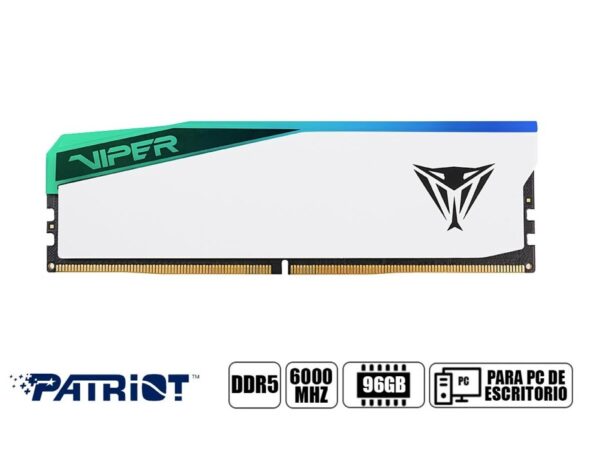 MEMORIA RAM PATRIOT DDR5 96GB, |2X48GB| FRECUENCIA 6000 MHZ, VIPER ELITE 5 BLANCO, PARA PC DE ESCRITORIO, CON RGB, CL42 - Imagen 3