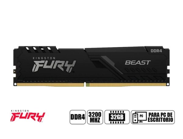 MEMORIA RAM KINGSTON DDR4 32GB, FRECUENCIA 3200 MHZ, FURY BEAST NEGRO, PARA PC DE ESCRITORIO