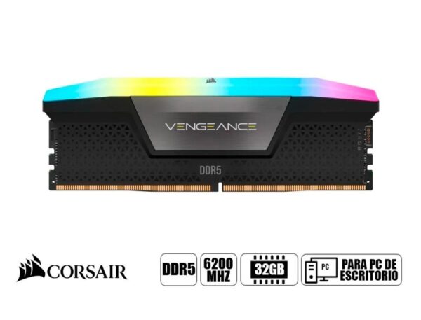 MEMORIA RAM CORSAIR DDR5 32GB (16GBX2), FRECUENCIA 5200 MHZ, VENGEANCE C40 BLACK CON ILUMINACION LED RGB, PARA PC DE ESCRITORIO