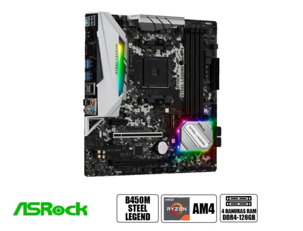 PLACA MADRE ASROCK B450M STEEL LEGEND, PARA PROCESADORES AMD RYZEN AM4, 4 RANURAS DDR4 HASTA 128GB BUSS 3200 MHZ, G- 3000 4000 5000 (90-MXB9Y0-A0UAYZ)