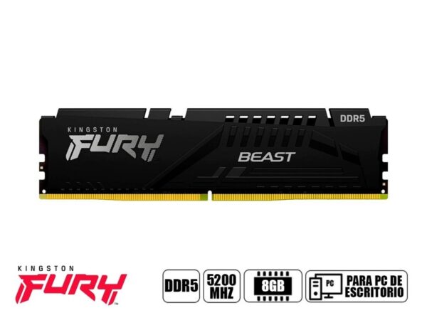 MEMORIA RAM KINGSTON DDR5 8GB, FRECUENCIA 5200 MHZ, FURY BEAST NEGRO, PARA COMPUTADORA DE ESCRITORIO