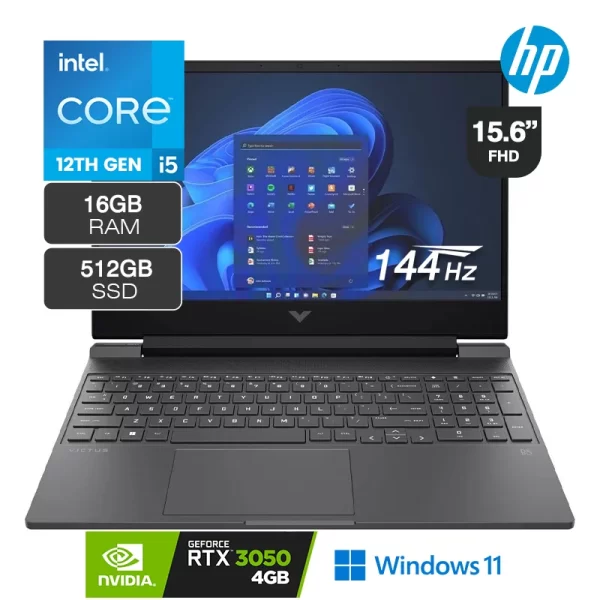 LAPTOP HP GAMING VICTUS INTEL CORE I5-12450H 16GB/SSD 512GB/RTX3050 4GB/ 15.6″/W11H