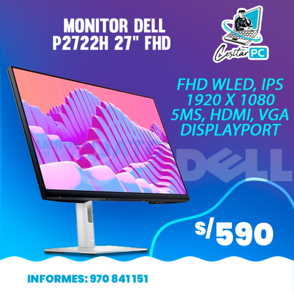 MONITOR LCD DELL P2722H 27" FHD WLED, IPS 1920 X 1080, 5MS, HDMI, VGA, DISPLAYPORT