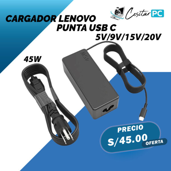 CARGADOR PARA LAPTOP LENOVO PUNTA USB C MULTI VOLT. 5V/9V/15V/20V-45W