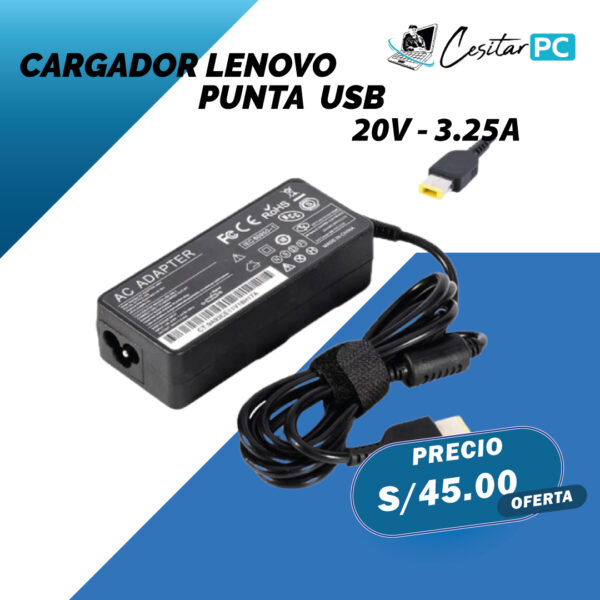 CARGADOR PARA LAPTOP LENOVO PUNTA USB 20V-3.25A